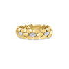 Front view of yellow gold ring with white gold and diamond accents on a white background