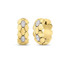 Yellow and gold hoop earrings with white gold and diamond accents on a white background