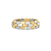 Front view of alternating yellow and white gold ring on a white background 