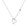 White gold open frame heart necklace with pave diamond outline and dangling center diamond on a white background