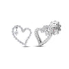 White gold open frame heart earrings with pave diamond outline and dangling center diamond on a white background