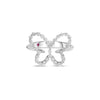 Front view of white gold open frame butterfly ring with pave diamond outline on a white background