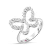 Side view of white gold open frame butterfly ring with pave diamond outline on a white background