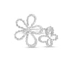 Front view of white gold open frame flower and butterfly ring with pave diamond outline on a white background
