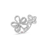 Side view of white gold open frame flower and butterfly ring with pave diamond outline on a white background
