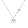 White gold open frame flower necklace with pave diamond outline on a white background