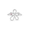 Front view of white gold open frame flower ring with pave diamond outline on a white background