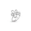 Side view of white gold open frame flower ring with pave diamond outline on a white background