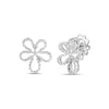 White gold open frame flower earrings with pave diamond outline on a white background