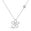 White gold open frame flower necklace with pave diamond outline on a white background