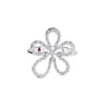 Front view of white gold open frame flower ring with pave diamond outline on a white background