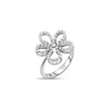 Side view of white gold open frame flower ring with pave diamond outline on a white background