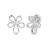 White gold open frame flower earrings with pave diamond outline on a white background