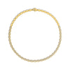 Yellow gold necklace with front facing pave diamond links on a white background