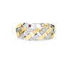 Front view of yellow and white gold ring with diamond accents on a white background