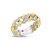 Side view of yellow and white gold ring with diamond accents on a white background