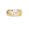 Front view of yellow and white gold ring with diamond accents on a white background