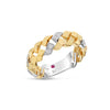 Side view of yellow and white gold ring with diamond accents on a white background