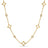 Yellow gold necklace with open frame and diamond stations on a white background