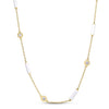 Yellow gold necklace with alternating white enamel bar and diamond bezel stations on a white background
