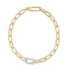 Yellow gold chain bracelet with one white gold and diamond link on a white background