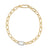 Yellow gold chain bracelet with one white gold and diamond link on a white background