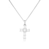 Yellow gold cross-shaped pendant necklace with emerald cut diamonds on a white background