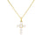 Yellow gold cross-shaped pendant necklace with emerald cut diamonds on a white background