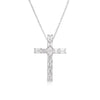 Diamond cross pendant on a chain against a white background