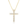 Gold cross pendant necklace with baguette-cut gemstones on a white background