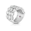 The DOLCE FLEXIBLE THREE ROW DIAMOND RING by Roberto Coin is a wide silver ring embellished with marquise and pear-shaped diamonds in a cluster design, plus a hidden pink stone set inside the band.