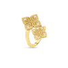 The ARABESQUE BYPASS DOUBLE DIAMOND FLOWER RING by Roberto Coin in 18K yellow gold showcases two overlapping diamond-accented floral motifs, beautifully set against a white background.