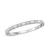 The ART DECO MOSAIC ALTERNATING DIAMOND BANGLE by Roberto Coin features 18K white gold with alternating polished and pavé-set diamond sections, beaded edges, and a hidden ruby inset inside.