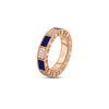 The Roberto Coin ART DECO MOSAIC ring features alternating sections of blue lapis and diamond clusters in an 18K rose gold setting with an intricate, textured band.