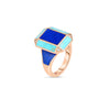 The ART DECO MOSAIC DIAMOND, LAPIS, AND TURQUOISE RING by Roberto Coin features geometric blue lapis and turquoise inlays with diamond accents at the corners, set in 18K rose gold and displayed against a white background.