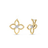 The CIALOMA SMALL DIAMOND FLOWER EARRINGS by Roberto Coin feature four-petal blooms with diamond clusters at the center, crafted in 18K gold and shown on a white background.
