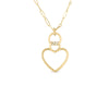 The Roberto Coin CIALOMA OPEN HEART DIAMOND NECKLACE features an 18K gold paperclip chain with an open heart pendant and a small textured ring detail, all set against a plain white background.