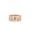 The CIALOMA DIAMOND KNOT RING by Roberto Coin features an 18K rose gold twisted chain-link design with round diamonds in the center links. Ideal for stacking, it shines elegantly on a plain white background.