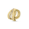The Roberto Coin CIALOMA DIAMOND CROSSOVER RING features an abstract gold design with two diamond-inlaid bands and a small red gemstone accent, echoing the elegance of a looped pendant.
