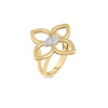 The CIALOMA SMALL DIAMOND FLOWER RING by Roberto Coin is crafted in 18K gold with an openwork four-petal floral design and a cluster of sparkling white diamonds at the center, shown on a plain white background.