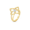 The CIALOMA EXTRA SMALL DIAMOND FLOWER RING by Roberto Coin features an 18K gold openwork floral design with four petals and a diamond cluster center, shown on a white background—ideal for stacking and adding elegance.