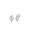 The DIAMANTE DIAMOND STUD EARRINGS by Roberto Coin feature a diamond-shaped design with a central diamond, two rows of smaller diamonds, and are set in polished 18K gold for luxurious elegance.