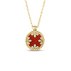 The VENETIAN MEDALLIONS SMALL PENDANT NECKLACE by Roberto Coin features a round red pendant in 18K yellow gold, framed with twisted rope and accented with leaf-shaped diamonds in a floral motif.