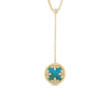 The VENETIAN MEDALLIONS SMALL DANGLE NECKLACE by Roberto Coin features a circular turquoise pendant with diamond accents and a gold border, all elegantly suspended from a delicate 18K yellow gold chain.