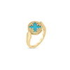 The Roberto Coin VENETIAN MEDALLIONS SMALL REVERSIBLE RING is crafted in 18K yellow gold, showcasing a central round turquoise stone with twisted rope and leaf accents, displayed against a plain white background.