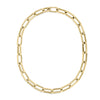 The Roberto Coin DESIGNER GOLD FLAT EDGE OVAL LINK NECKLACE is a minimalist 18K yellow gold piece featuring large flat-edge oval links, elegantly displayed in an oval shape on a white background.