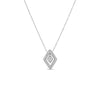 The DIAMANTE SMALL DIAMOND NECKLACE by Roberto Coin features an 18K gold chain with a diamond-shaped pendant, centered with a square diamante and accented by two rows of smaller diamonds.