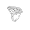 The Roberto Coin DIAMANTE DIAMOND RING features a geometric diamond-shaped design in 18K gold, layered with pavé-set white diamonds and a central larger diamond for striking brilliance.