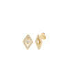 The DIAMANTE DIAMOND STUD EARRINGS by Roberto Coin are luxury 18K gold earrings with diamond-shaped designs, centered diamonds, and two layers of smaller diamonds. These elegant studs have a polished finish and secure butterfly backings.