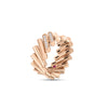 The DOMINO DOUBLE DIAMOND ACCENT RING by Roberto Coin features a rose gold, modern geometric design with parallel cylindrical segments—some accented with diamonds, others plain.